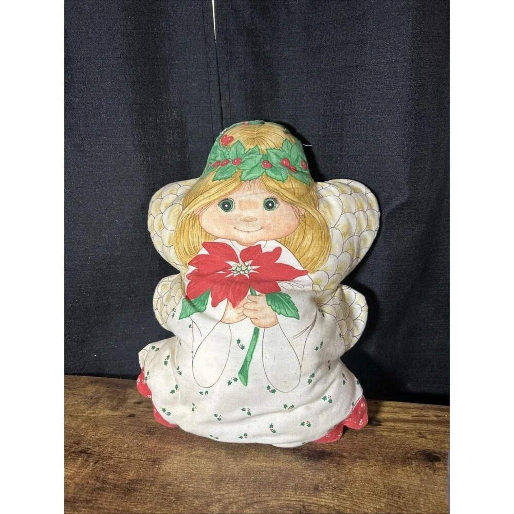 Vintage Hand Made Christmas Angel Pillow Plush Blonde Hair Green Eyes 70’s Vibes